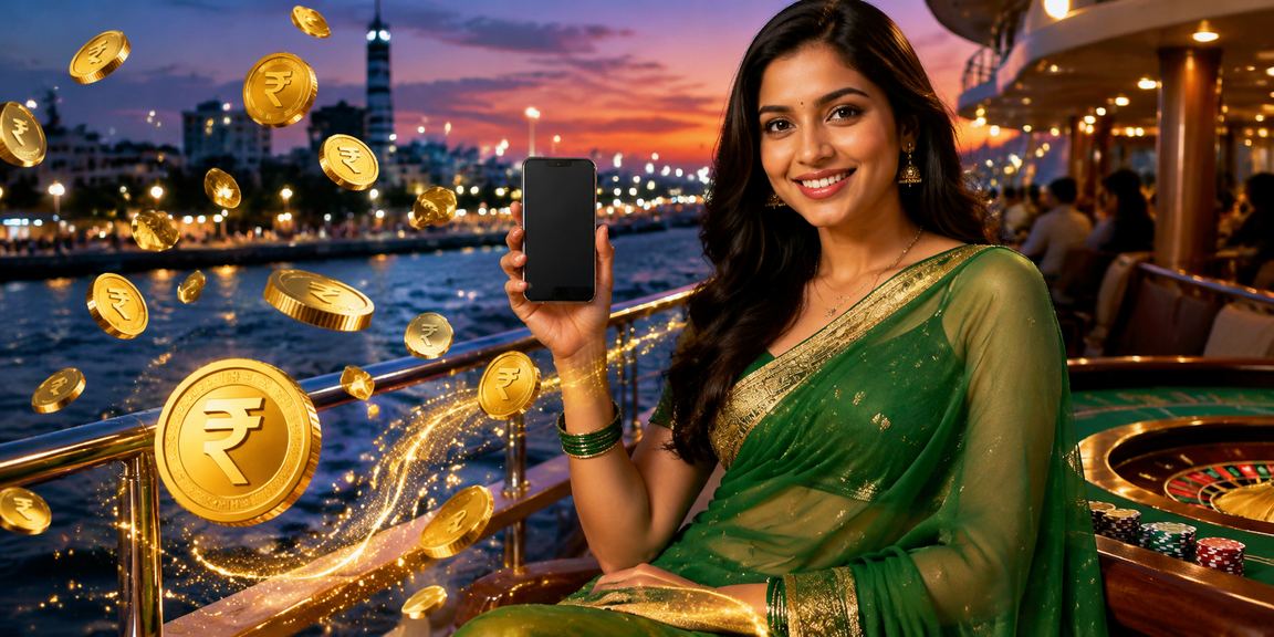 Chennai Marina Beach with neon lights and mobile betting