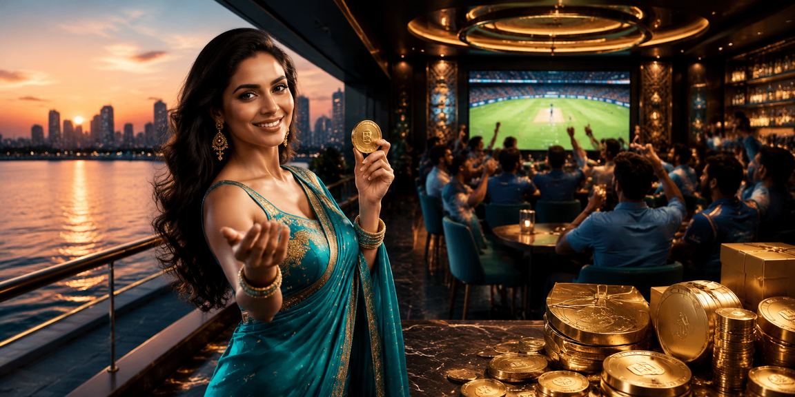 Indian woman enjoying cricket betting online under festive lighting