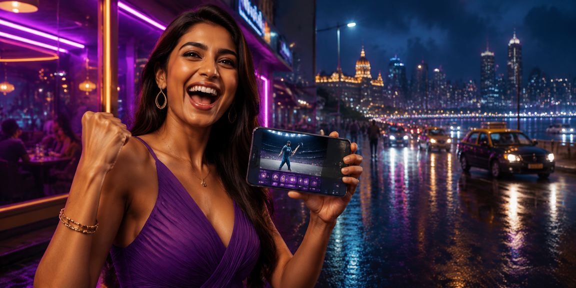 Mumbai nightlife with vibrant neon signs and players engaging in live Teen Patti online